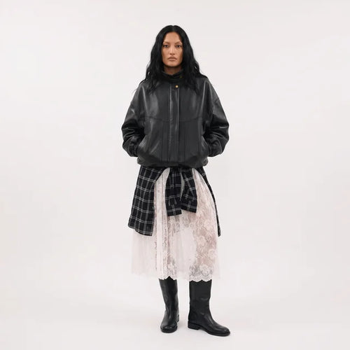 BEATRICE Women's Black Genuine Leather Oversized Zip Bomber Jacket