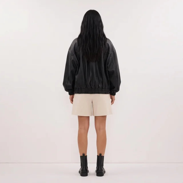 BEATRICE Women's Black Genuine Leather Oversized Zip Bomber Jacket