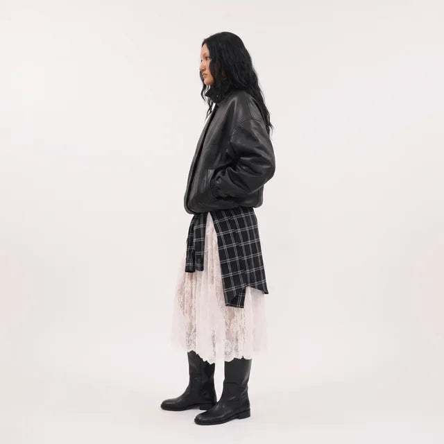BEATRICE Women's Black Genuine Leather Oversized Zip Bomber Jacket