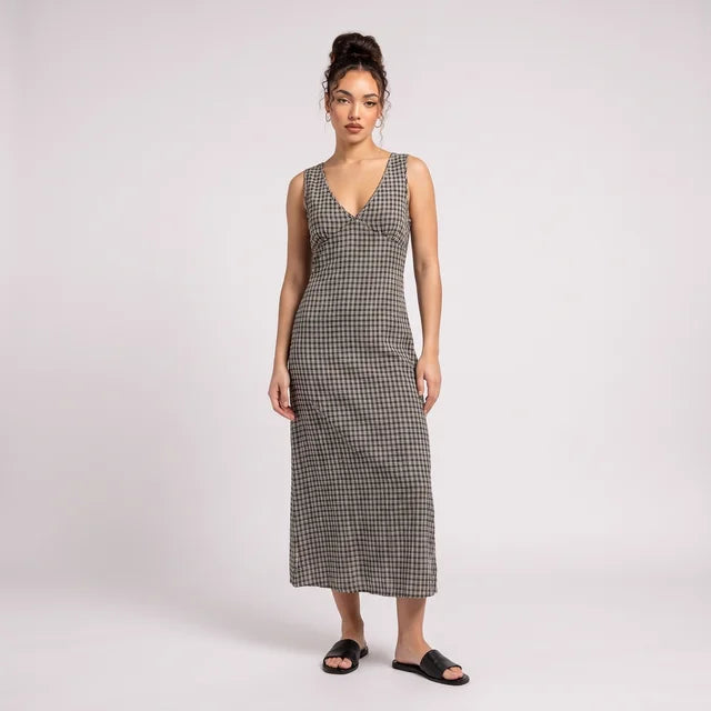 ABIGAIL Women's Steel Check Hemp Seersucker V-Neck Maxi Dress