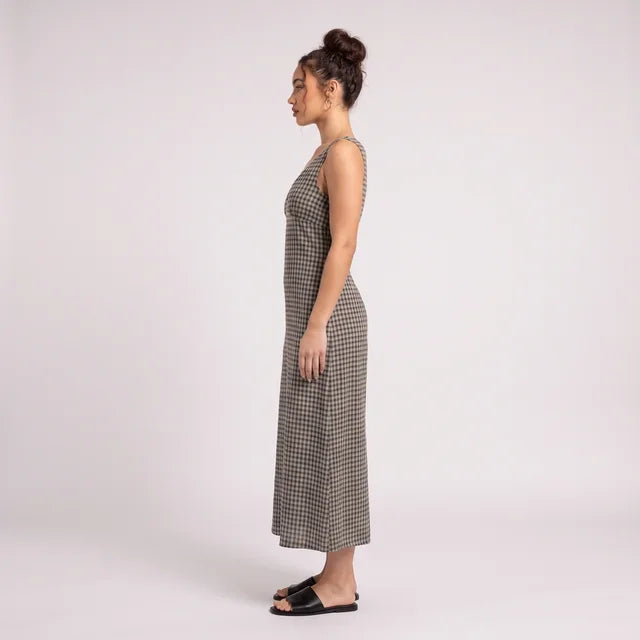 ABIGAIL Women's Steel Check Hemp Seersucker V-Neck Maxi Dress