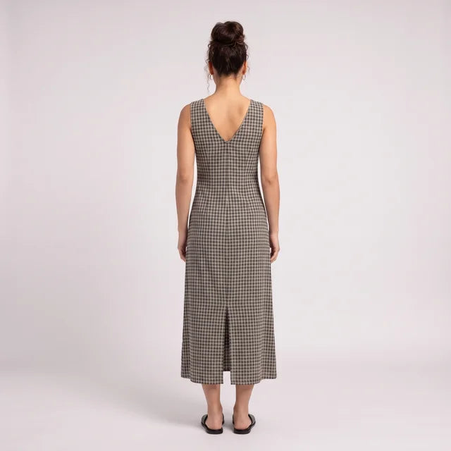 ABIGAIL Women's Steel Check Hemp Seersucker V-Neck Maxi Dress