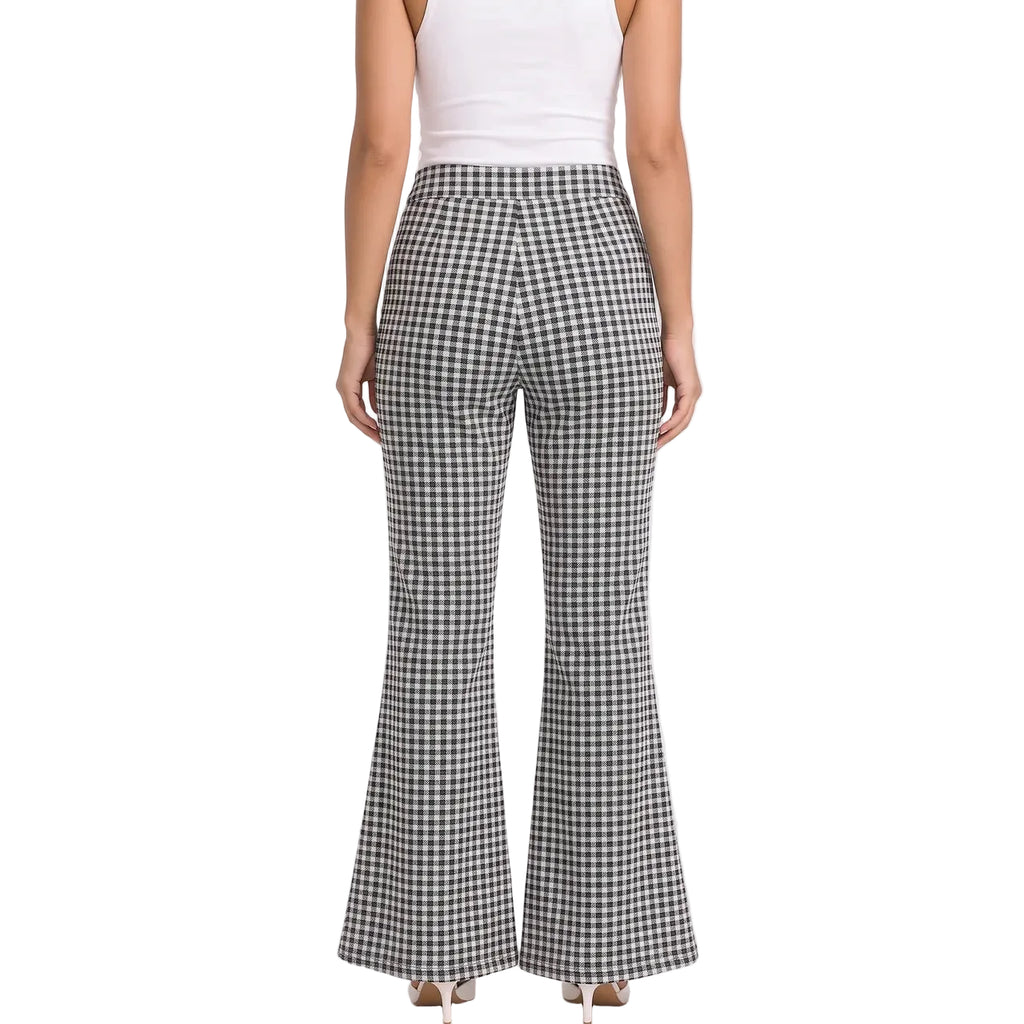 ÉLODIE Women's Steel Blue Check Hemp Seersucker Flare Trousers