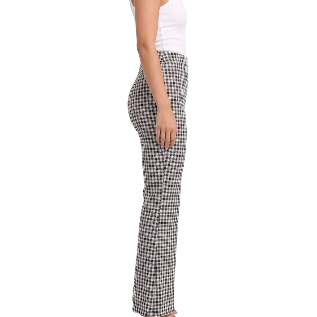 ÉLODIE Women's Steel Blue Check Hemp Seersucker Flare Trousers