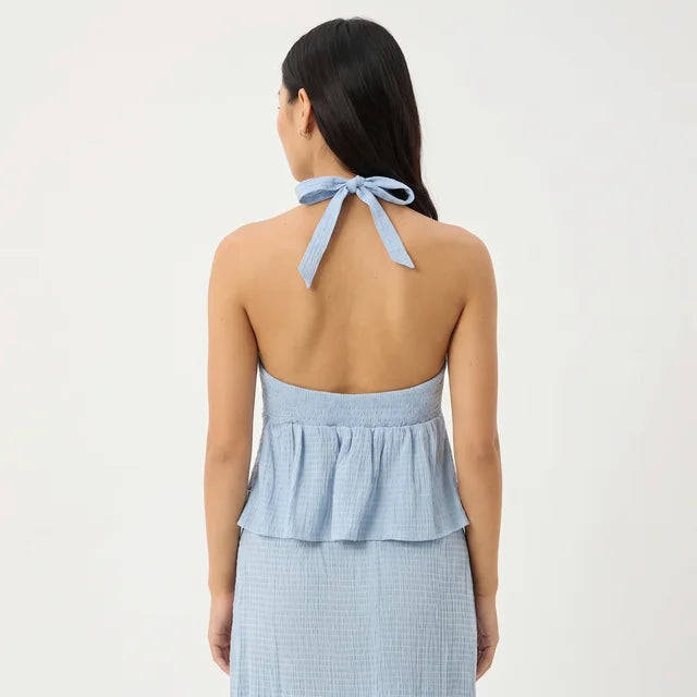 AMÉLIE Women's Overcast Check Lagoon Plaid Halter Top
