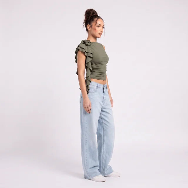 FLORA Women's Khaki Green Carrie Ruched Off Shoulder Crop Top