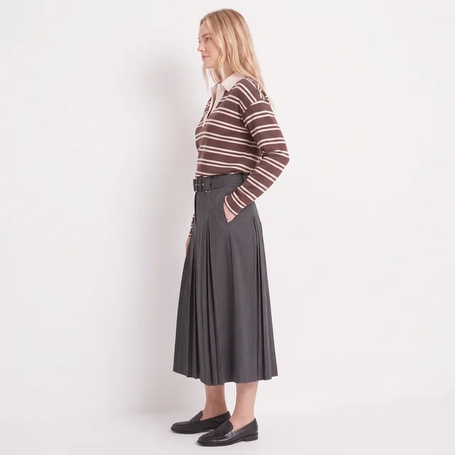 CELESTE Women's Grey Herringbone Leisl Pleated Midi Skirt