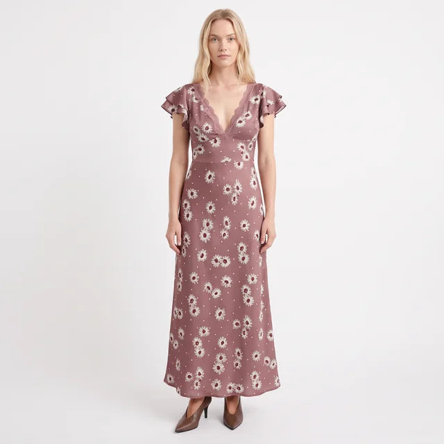 CAMILLA Women's Brown Polka Dot Cap Sleeve Maxi Dress