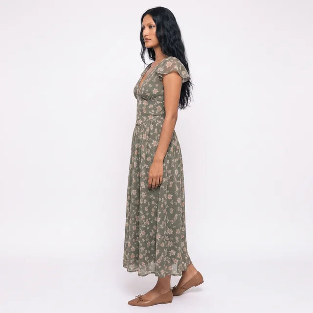 PENELOPE Women's Olive Floral Ruffle Sleeve Midi Dress