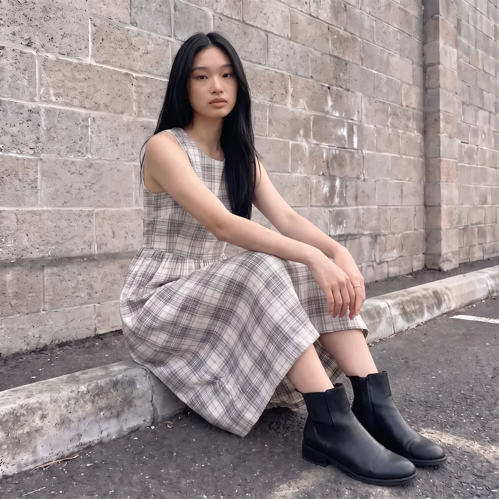CELESTE Women's Black White Check Organic Seersucker Midi Dress