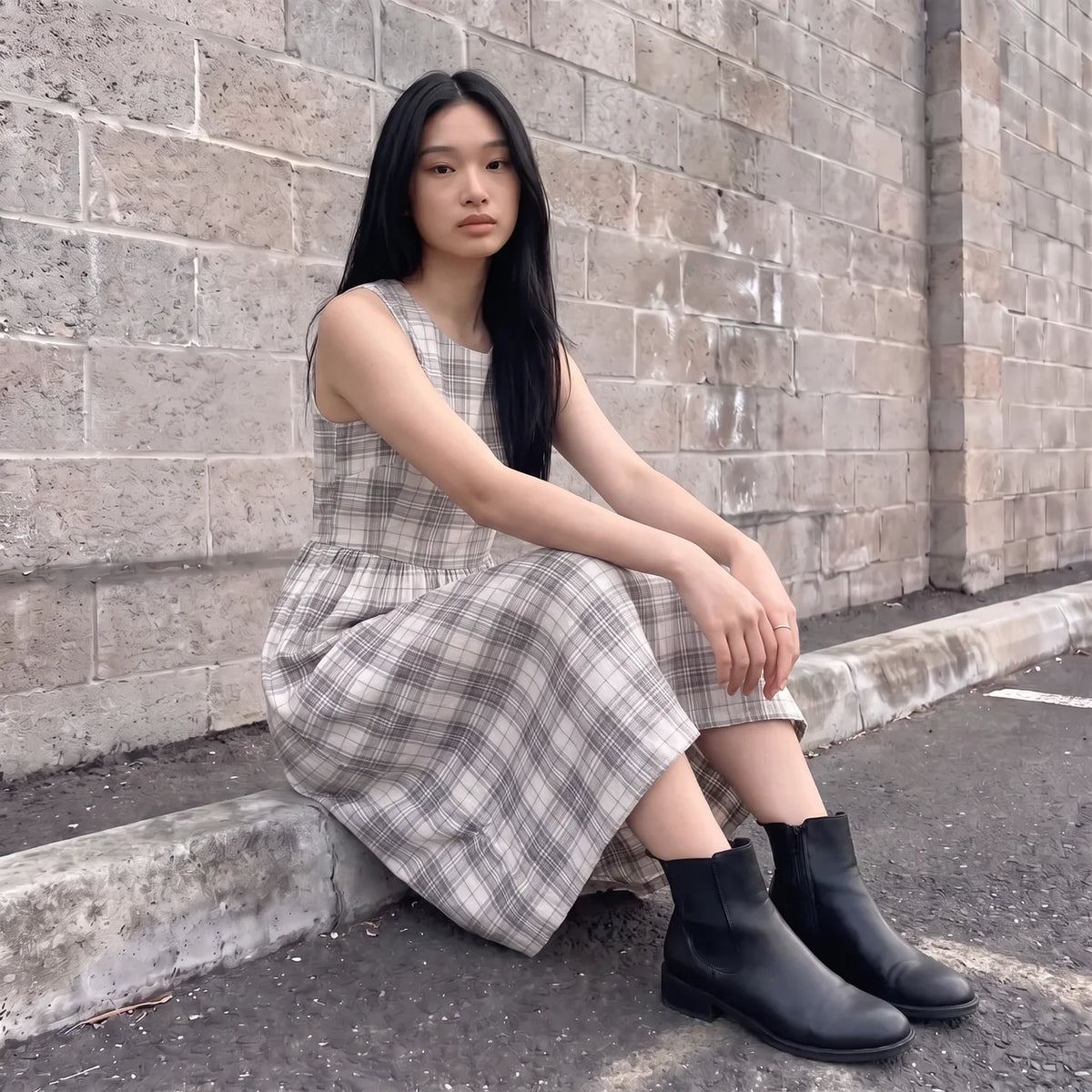 CELESTE Women's Black White Check Organic Seersucker Midi Dress