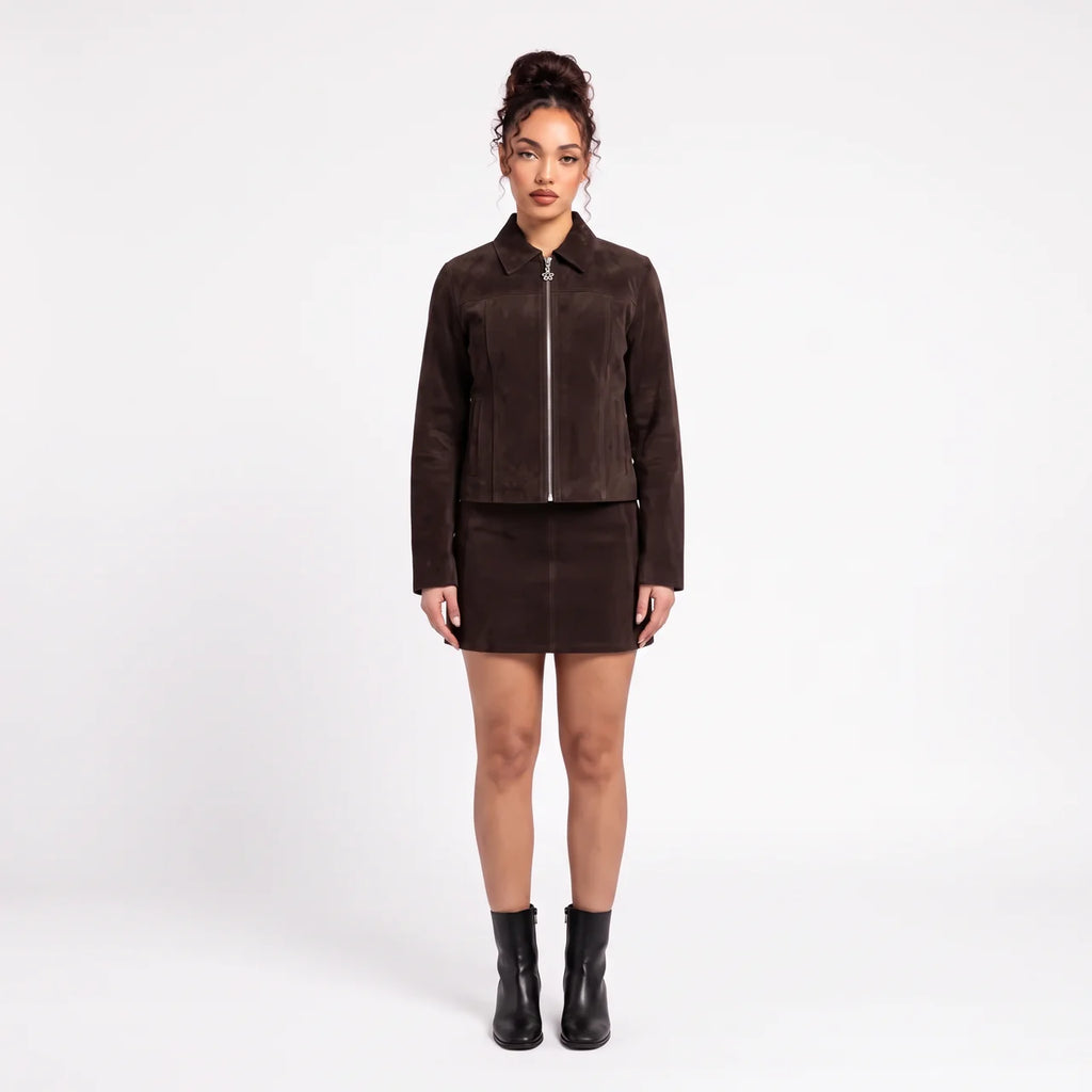 GENEVIEVE Women's Mocha Suede Faux Leather Zip Fitted Jacket