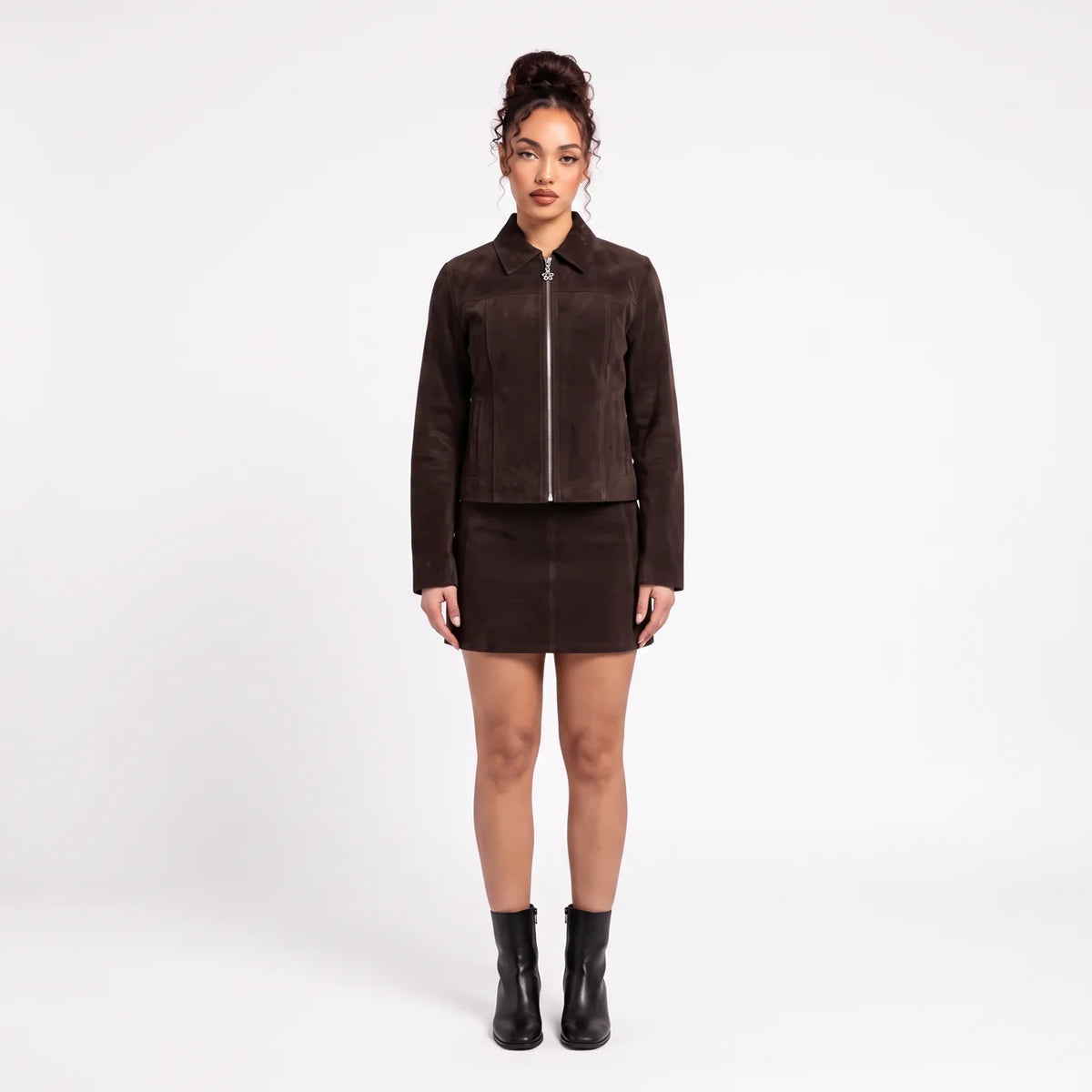 GENEVIEVE Women's Mocha Suede Faux Leather Zip Fitted Jacket