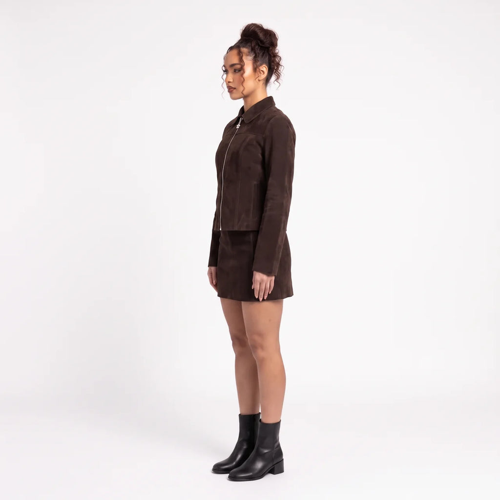 GENEVIEVE Women's Mocha Suede Faux Leather Zip Fitted Jacket