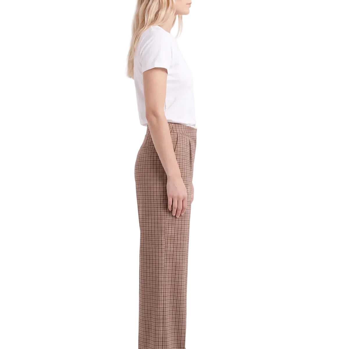 CELESTE Women's Hemp Seersucker High Waist Brown Plaid Flare Trousers
