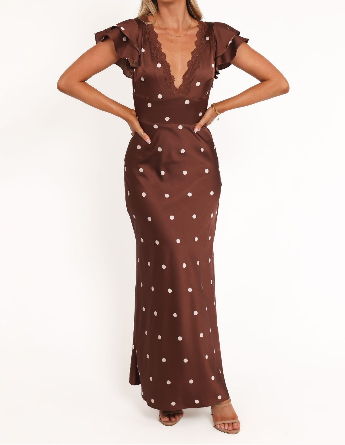 CAMILLA Women's Brown Polka Dot Cap Sleeve Maxi Dress